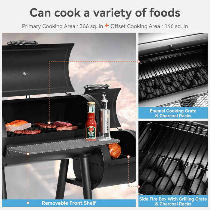Offset Smoker Charcoal Grills with 28 Inch Cook Chamber, Barrel Smoker and Charcoal Grill Combo, 512 Sq. In. Space Barrel Smoker Grill for Outdoor BBQ Patio Backyard Cooking