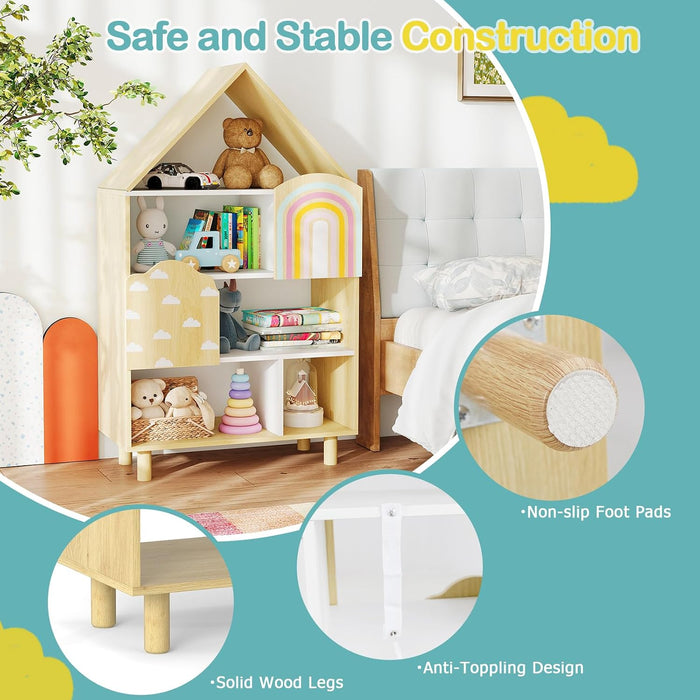 Natural Wood House Shaped Kids Dollhouse Bookshelf