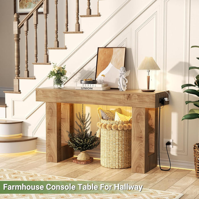 47" Entryway Table with Socket and Sensor Light, Narrow Console Table with Storage behind Couch, Farmhouse Entry Way Tables with Open Storage for Entrance/Hallway/Living Room, Natural Oak