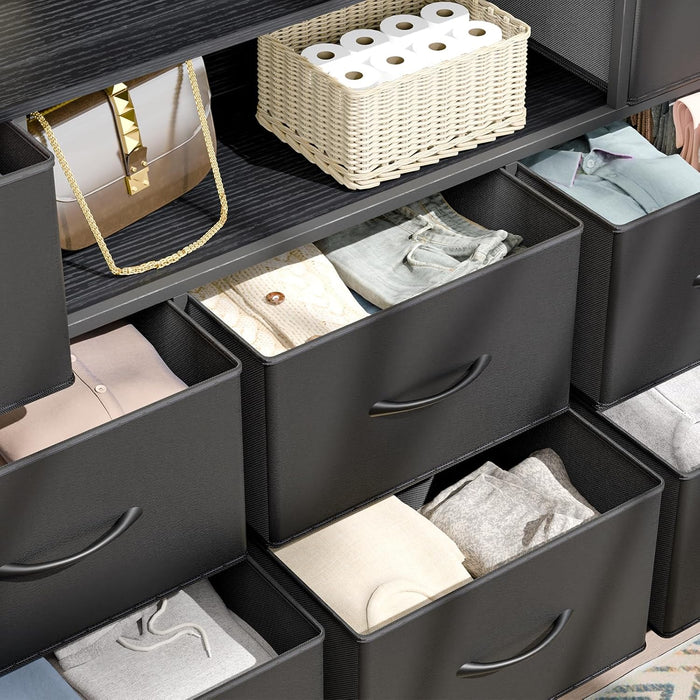 Dresser for Bedroom with Power Outlets and LED Lights, Black 55" TV Stand with 8 Drawers, Fabric Chest of Drawers with PU Finish for Living Room, Entryway