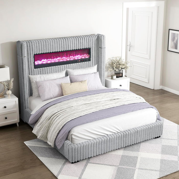 Corduroy Upholstered Bed Frame, Remote Fireplace, Built-In Speaker, Wingback Queen Bed Frame with Headboard, Wooden Slats, Box Spring Needed, Assembly Required, Two-Tone Gray