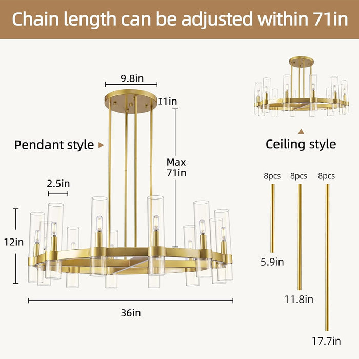 12 Light Brass round Chandelier 36" Wagon Wheel Chandeliers for Dining Room Light Fixture Clear Glass Tube Chandelier Modern Farmhouse Chandeliers for Livingroom Foyer, Bulb Included