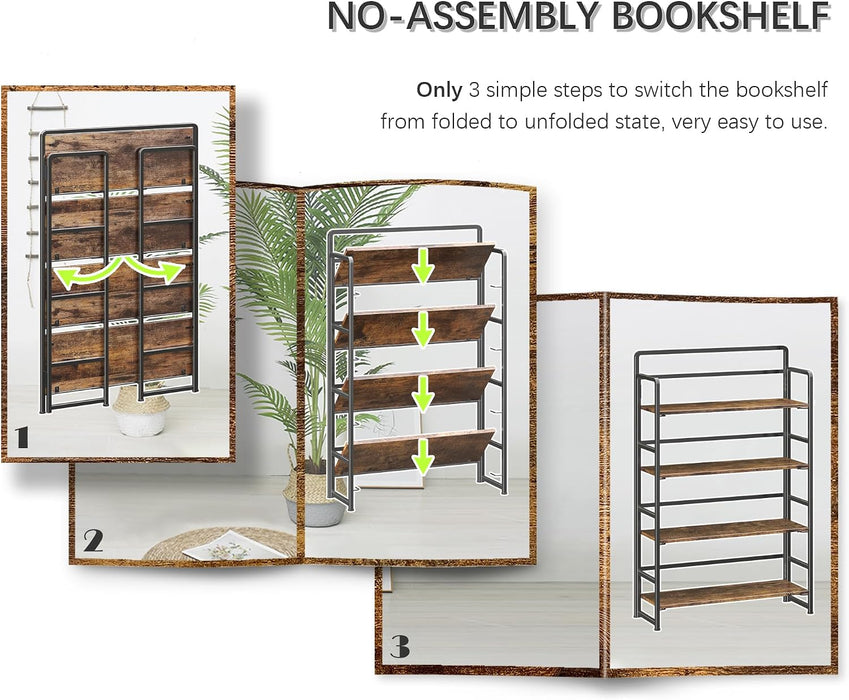 No Assembly Extra Wide 4 Tier Folding Bookshelf Storage Shelves Vintage Bookcase Standing Racks for Bedroom Living Room Home Office