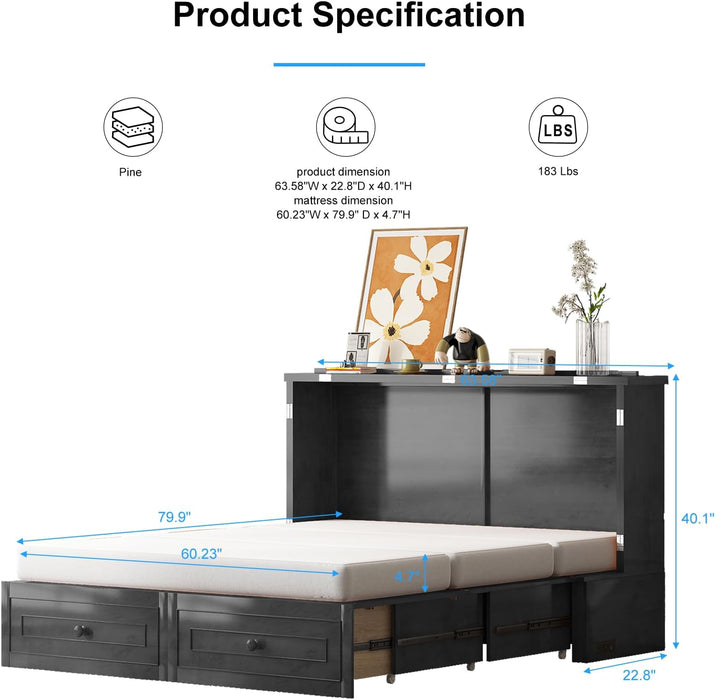 Queen Murphy Bed with Mattress Included - Solid Wood - Hideaway Chest Beds with 2 Storage Drawers, USB Charging Ports - Space Saving Murphy Cabinet Bed for Guest Room, Bedroom