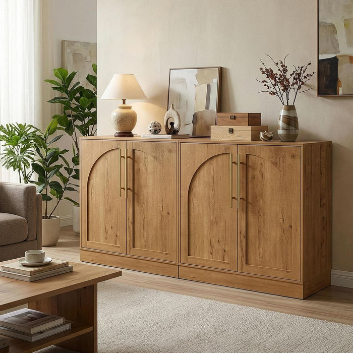 Storage Cabinet, Freestanding Sideboard Buffet Cabinet with Arched Design, Adjustable Shelves Wooden Cabinet Ideal for Coffee Bar, Living Room (Oak, Single)