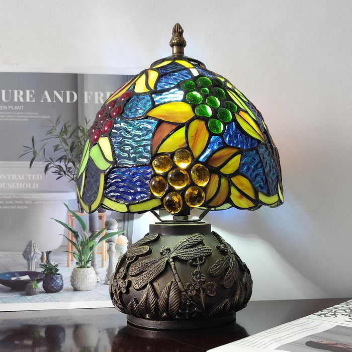 Tiffany Lamp Grapes Beads Stained Glass Style Bedside Reading Table Lamp Village Bedroom Nightstand Light 19Inch Tall Office Home Decor Retro Unique Accent Light