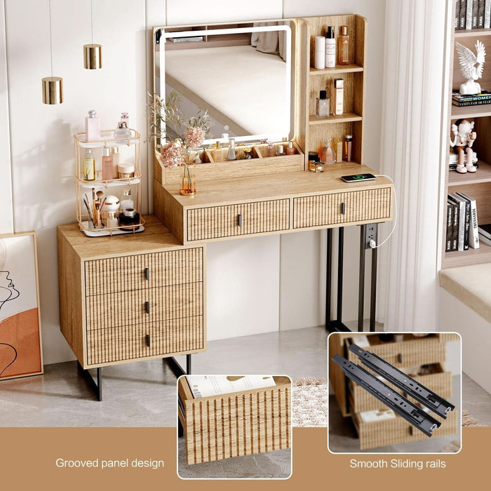 Large Vanity Desk with 3 Color Touch Screen Dimming Mirror, Vanity Desk with Charging Station, Modern Retractable Makeup Dressing Table, Makeup Table with Storage Shelves and 5 Sliding Drawers, Oak