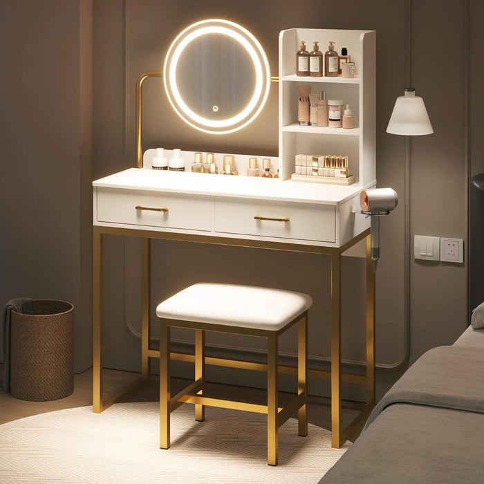 Vanity Desk with LED Lighted Mirror & Power Outlet, White Vanity Desk with Adjustable 3 Lighting Modes, Small Vanity Desk for Bedroom, Makeup Vanity with Chair for Girl, Gold and White