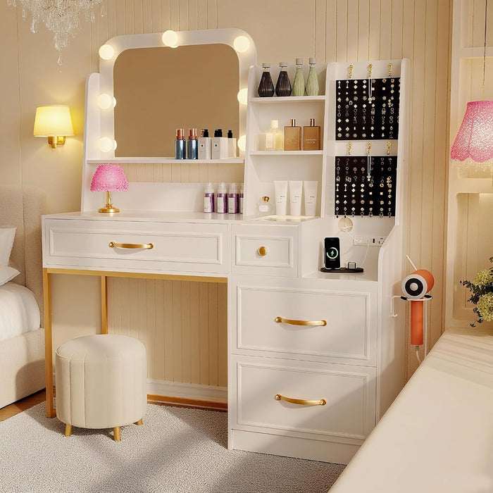 Makeup Vanity Desk with Mirror and Lights,Glass Top Dresser with Charging Station,Vanity Table with Storage and Jewelry Stand,Dressing Table,Edroom Makeup Desk for Women,White