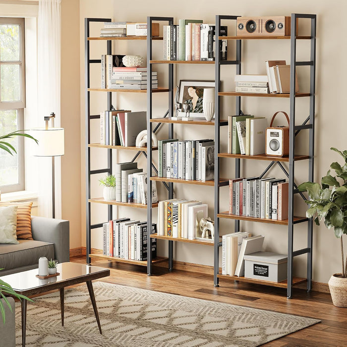 Triple Bookshelf, Bookcase with 14 Open Display Shelves, Wide Book Shelf Book Case for Home & Office, 5 Tier, Brown
