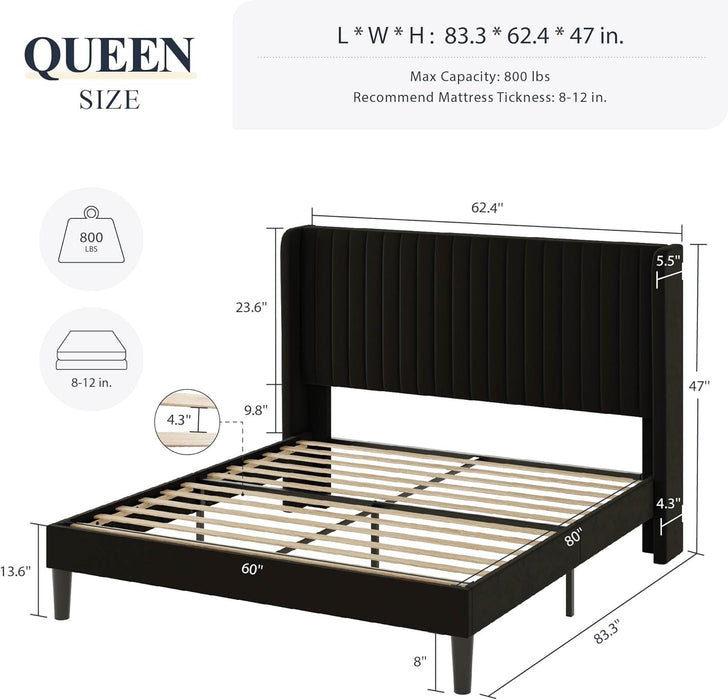 Queen Size Velvet Bed Frame/Vertical Channel Tufted Wingback Headboard/Upholstered Platform Bed/Strong Wooden Slats/No Box Spring Needed/Easy Assembly/Black