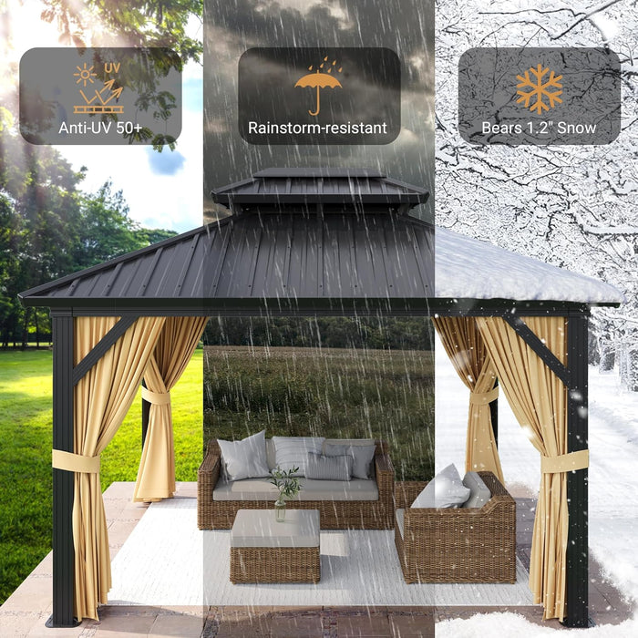 10 X 12 Ft Hardtop Gazebo, Galvanized Steel Double Roof with Curtains and Netting, Aluminum Frame Patio Gazebo for Patio, Garden and Lawn