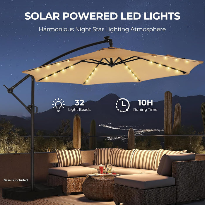 10Ft Solar LED Cantilever Patio Umbrella with Base Included, Premium 220GSM Solution-Dyed Fabric, 5-Year Fade-Resistant, 30 MPH Windproof, 45° Infinite Tilt and Crank for Outdoor Pool (Beige)
