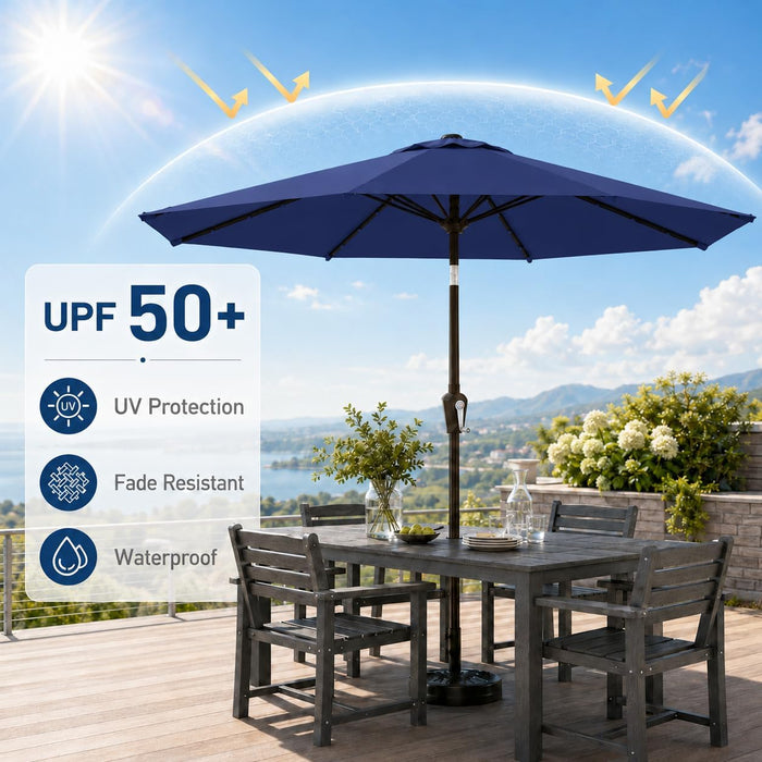 10FT Solar Patio Umbrella with Lights, Outdoor Table Market Umbrella with 32 LED Lights, 8 Sturdy Ribs, Push Button Tilt and Crank for Pool, Deck and Garden, Uv-Resistant