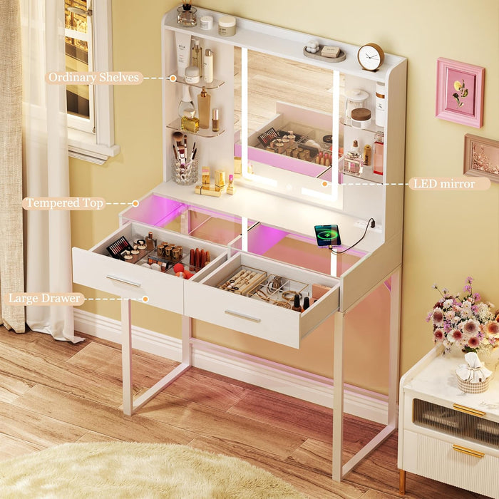Vanity Desk with Mirror and LED Lights, 31" Small Makeup Vanity with Glass Top & Power Outlet, Vanity with 3 Colors Light, RGB Drawers and Five Shelves, White Vanity for Bedroom