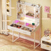 Vanity Desk with Mirror and LED Lights, 31" Small Makeup Vanity with Glass Top & Power Outlet, Vanity with 3 Colors Light, RGB Drawers and Five Shelves, White Vanity for Bedroom