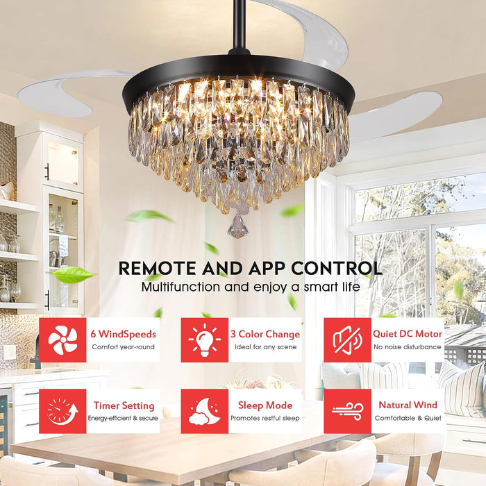 48" Chandelier Ceiling Fan with Lights, Crystal Retractable Fandelier with 3 Color LED Dimmable, Reversible DC Motor, Modern for Bedroom, Living Room (Black