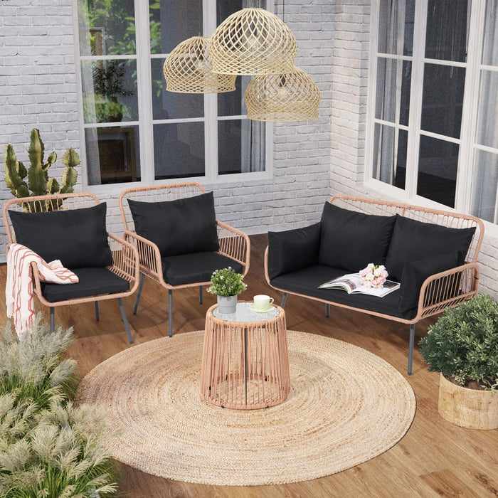 4 Pieces Patio Furniture Set, Outdoor Wicker Patio Conversation Set, Patio Sectional Table and Chairs Set of 4 with Cushion and Pillow, Coffee Side Table (Black)