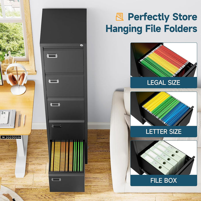 5 Drawer File Cabinet, Black Vertical Filing Cabinets with Lock, Home Office File Folders Storage Cabinet for Letter Legal File Size.