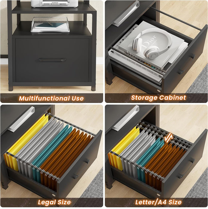 Computer Desk with 5 Drawer, Power Outlet & Led Lights, 66'' Home Office Desk with File Drawer, Storage, Monitor Shelf, Gaming Desk, Black