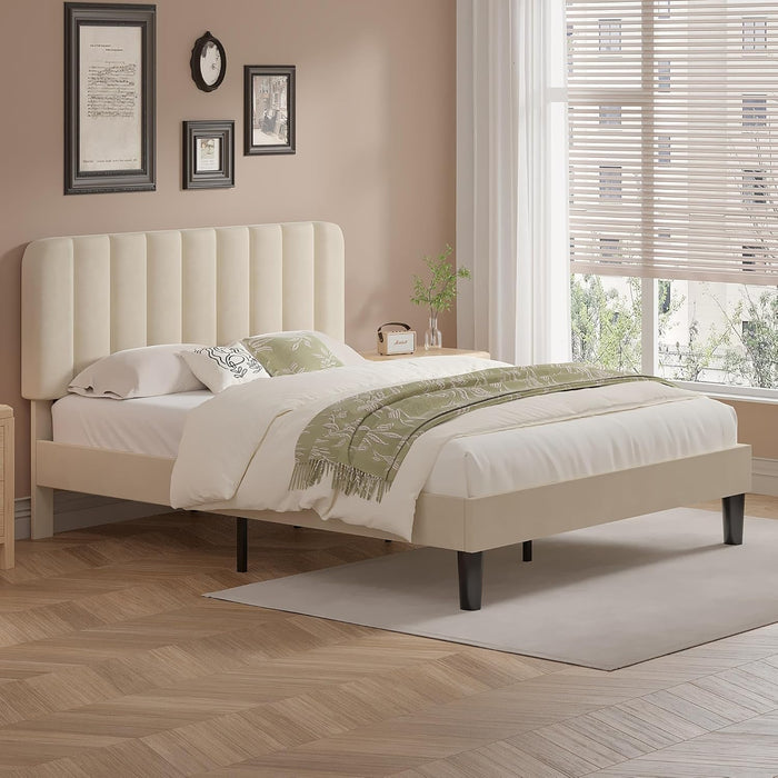 Full Size Bed Frame with Upholstered Headboard, Velvet Platform Bedframe Mattress Foundation, Strong Wood Slat Support, No Box Spring Needed,Bone Beige