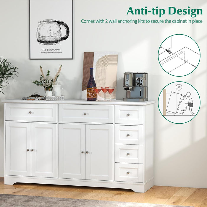 Large Buffet Cabinet with Storage, 59” Kitchen Cabinet with 4 Doors, 6 Drawers & 2 Adjustable Shelves, Modern Sideboard for Living Room, Coffee Bar, White