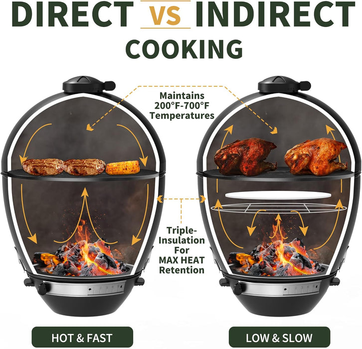 Brand-Man Charcoal Grill & Smoker Steel Kamado - 22" Cast Iron Grates, Grilling Basket, Large Prep Table Cart, Ideal for Outdoor Cooking