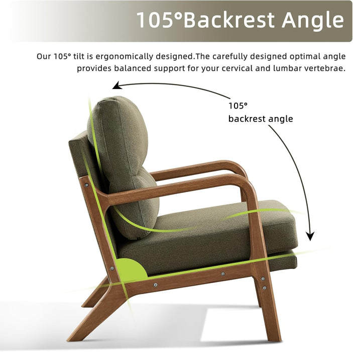 Mid Century Modern Accent Chair, Linen Fabric Upholstered Lounge Arm Chair with Solid Wood Frame and Soft Cushion for Living Room, Bedroom, Balcony (1, Green)