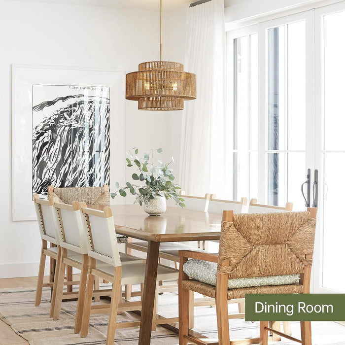 17.7" Rattan Chandelier for Dining Room, Large Boho Pendant Light