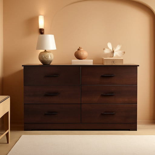 Wood Dresser for Bedroom, Wide Chest of Drawers with 6 Drawers, Large Brown Storage Tower Unit, Modern Minimalist Closet Store Organizer for Living Room, Hallway