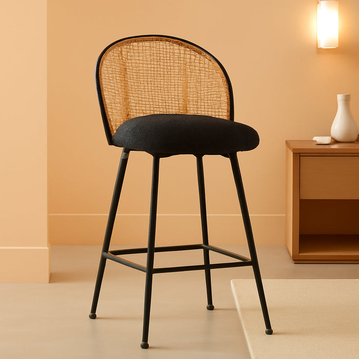 Swivel Counter Height Bar Stools Set of 3, Mid Century Modern 26" Bar Chairs with Rattan Back & Metal Legs, Upholstered Boucle Fabric Barstools Island Stools for Kitchen Counter Home Bar,Black