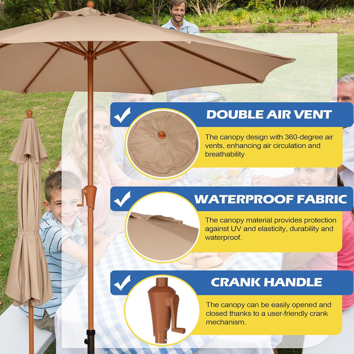 9FT Outdoor Patio Umbrella, Market Table Umbrella with 8 Sturdy Ribs and Crank System, Fade-Resistant & Waterproof for Garden Backyard Poolside Deck