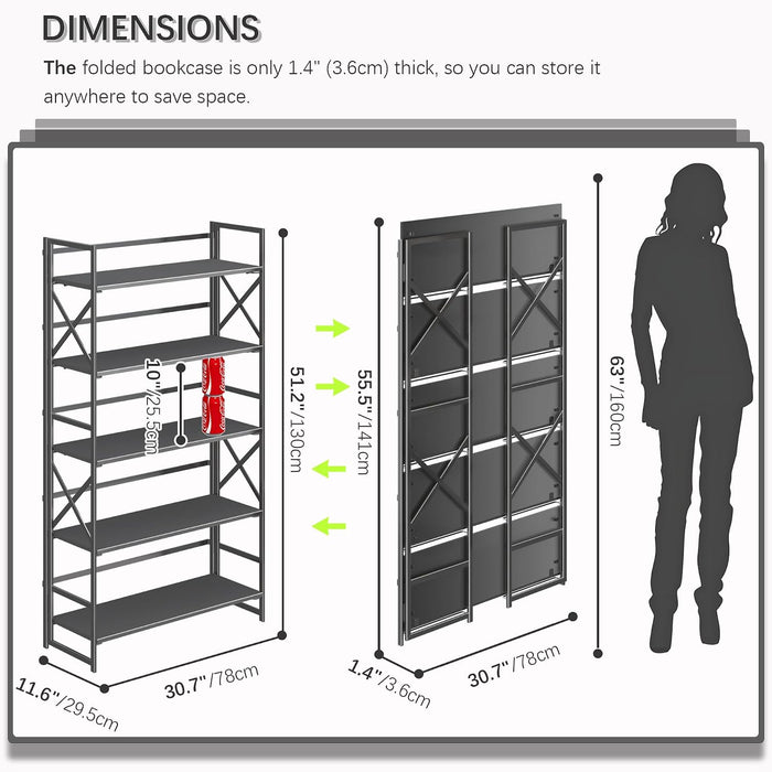 Extra Wide 5 Tiers No Assembly Book Shelves, 51.2" H Folding Bookshelf Bookcase Open Industrial Foldable Shelves for Bedroom, Living Room, Home Office - All Black