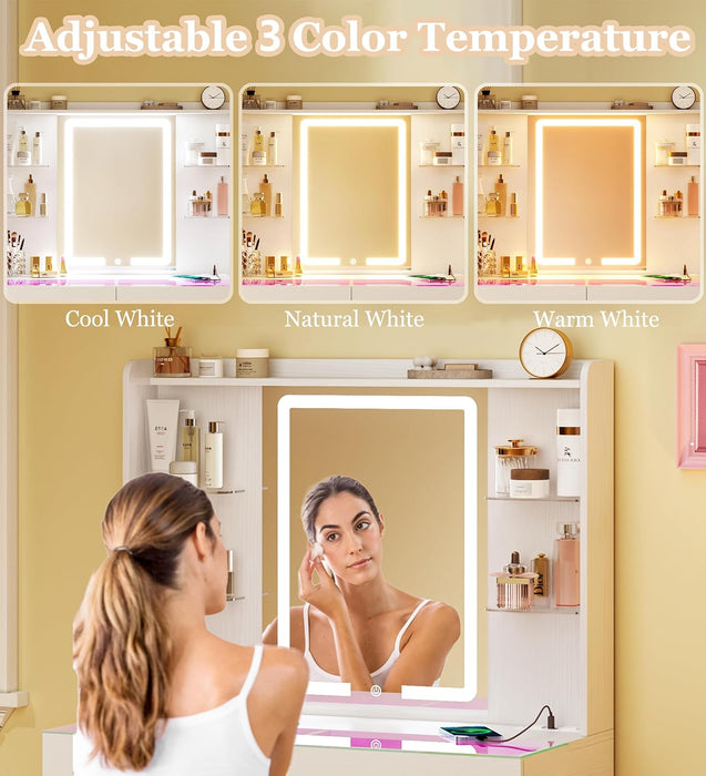 Vanity Desk with Mirror and LED Lights, 31" Small Makeup Vanity with Glass Top & Power Outlet, Vanity with 3 Colors Light, RGB Drawers and Five Shelves, White Vanity for Bedroom