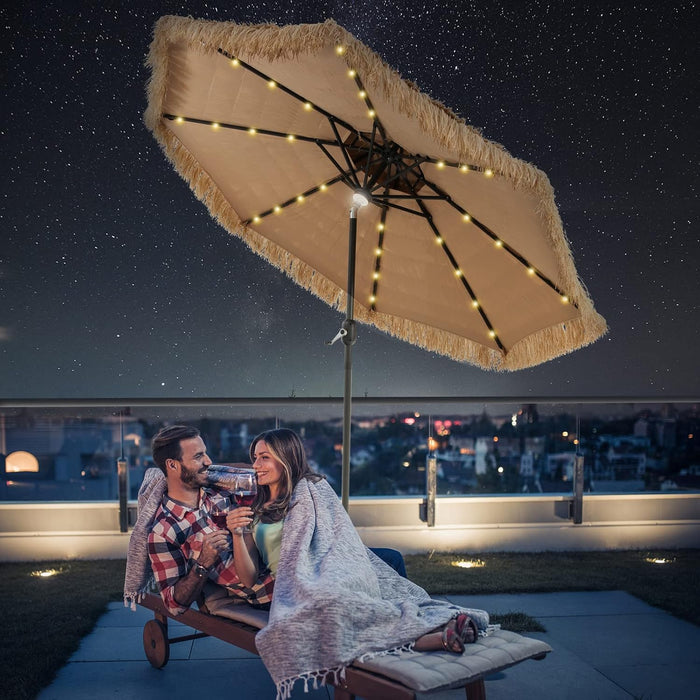 9 Ft Thatched Patio Umbrella, 2 Tier Hawaiian Style Grass Beach Umbrella with 32 Led Lights, Center Light, Solar Tiki Umbrella with 8 Ribs, Tilt Adjustment, Manual Crank for Backyard Pool
