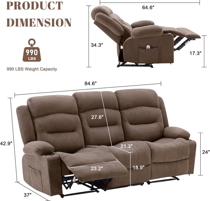 Oversized Recliner Sofa with Heat and Massage, Wall-Hugger Reclining Sofa with Cup Holders and USB Port, Big Large 3-Seater RV Recliner Couch Sofa for Living Room (Fabric, Brown)