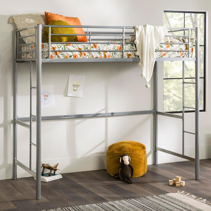 Silver Metal Twin over Loft Bunk Bed Twin Size Bedframe with Ladder
