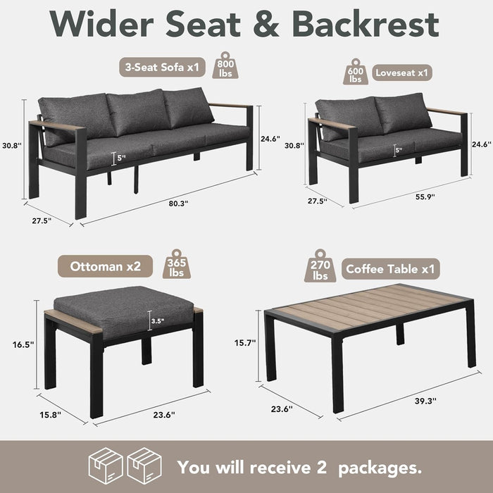 Patio Furniture Set 7 Seats and Coffee Table, 5 Pieces Patio Conversation Set with Thick Cushion, Ottomans, Deluxe Aluminum Modern outside Sectional for Porch, Balcony, Deck, Yard, Dark Gray