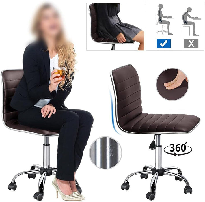 Task Chair Armless Office Chair PU Leather Ribbered Modern Desk Chair Adjustable Low-Back Swivel Chair W/Rolling Wheels Accent Comfy Working Chair Makeup Chair, Brown