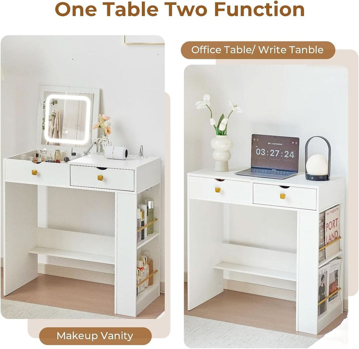 Vanity Desk with Flip Top Mirror, Makeup Vanity Table with 3 Color and Brightness Adjustable, Side Organizer Small Vanity with Storage Compartment, Writing Desk for Bedroom, White