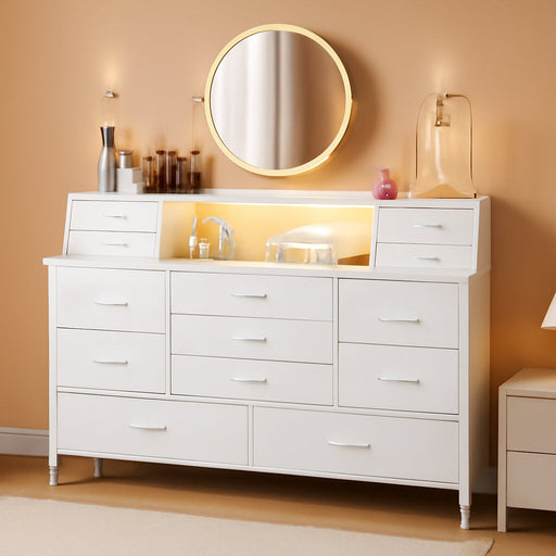 White Dresser for Bedroom with 13 Drawers, Fabric Chest of Drawers with PU Finish for Kids, Girls, Adults, Nursery, Living Room, Closet, Entryway, Hallway (No LED Lights)