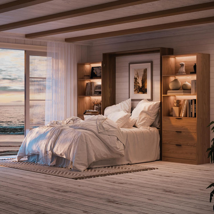 Queen Murphy Bed,Farmhouse Guest Beds,Folding Wall Bed with Hydraulic Bar,64" W Twin Murphy Beds with 2 LED Storage Cabinet for Small Spaces/Offices/Apartments/Guest Room,Brown+Walnut