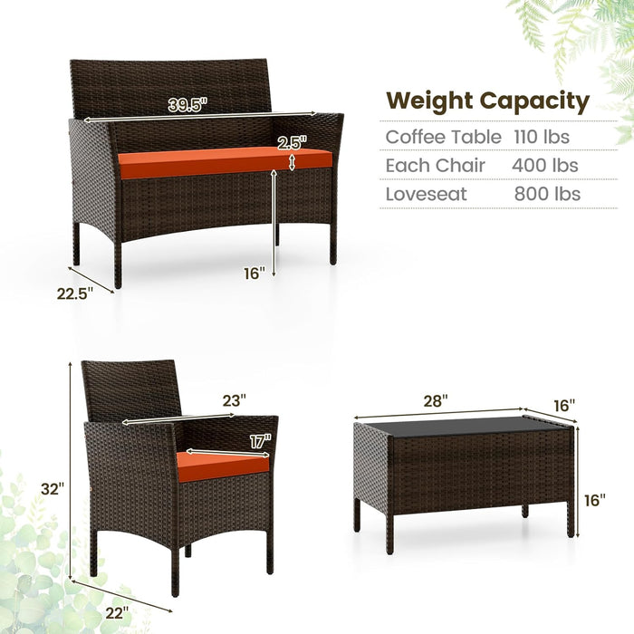 4-Piece Patio Furniture Set - Rattan Outdoor Conversation Bistro Set W/Cushions, Glass Coffee Table, Wicker Chairs & Loveseat for Garden Backyard Porch, Balcony Furniture Set (1, Orange)