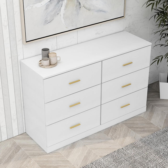 White Dresser for Bedroom with 6 Drawers, 47" Wide Modern Chest of Drawers, Wooden Dresser TV Stand,Storage Organizer for Living Room,Hallway