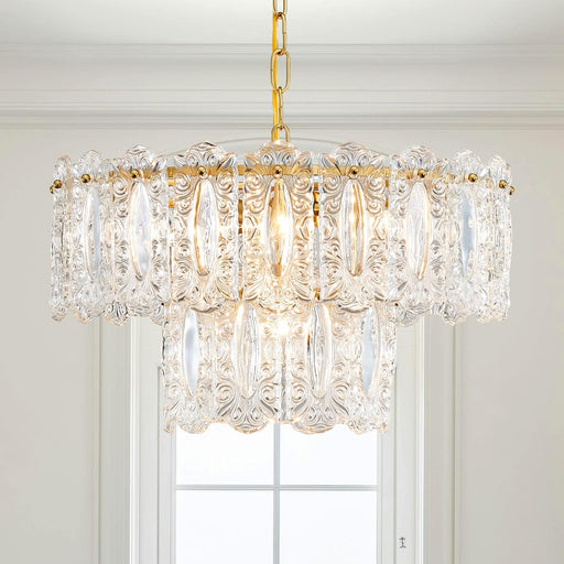 Elegant Glass Chandelier Light Fixture, Modern Vintage Pendant Chandelier Lighting for Dining Room, D18 X H10, 2- Tier Shade & Brass Gold Finish