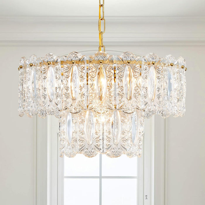 Elegant Glass Chandelier Light Fixture, Modern Vintage Pendant Chandelier Lighting for Dining Room, D18 X H10, 2- Tier Shade & Brass Gold Finish