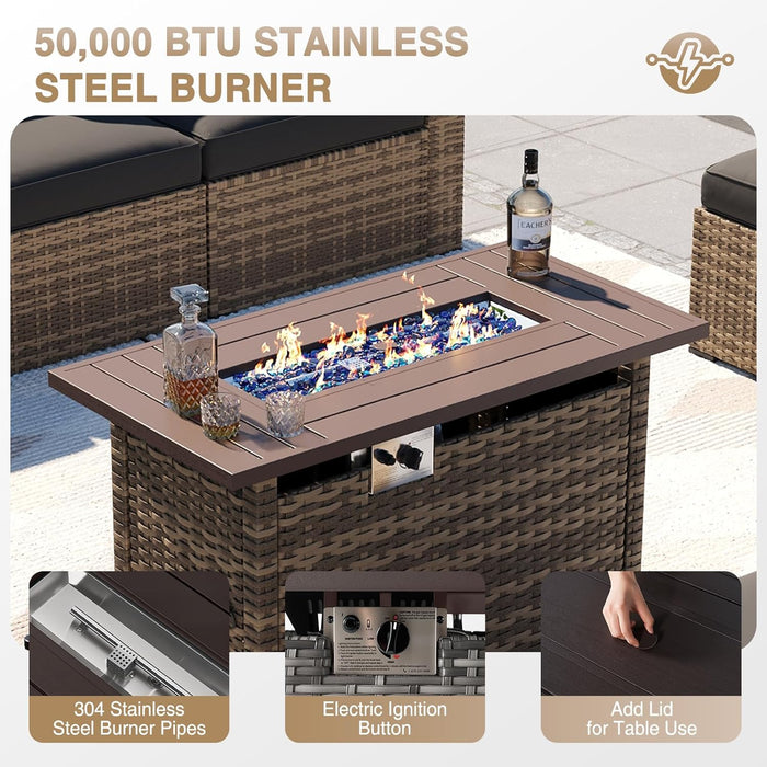 Patio Furniture Sets, 8-Piece Outdoor Patio Furniture with 44'' Propane Gas Firepit Table, Wicker Outdoor Conversation Set Sectional Sofa for Backyard, Poolside, Garden (Black Cushion)