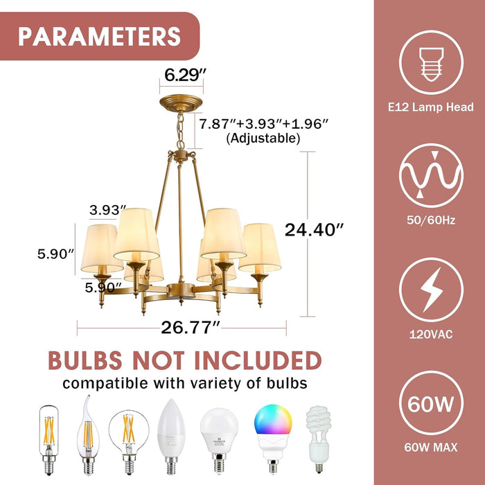 Gold Wagon Wheel Chandelier with White Linen Shade 6-Light Industrial Ceiling Light Fixture 26.8Inch Large Farmhouse Hanging Pendant Light for Dining Living Room Kitchen Bedroom Entryway Foyer