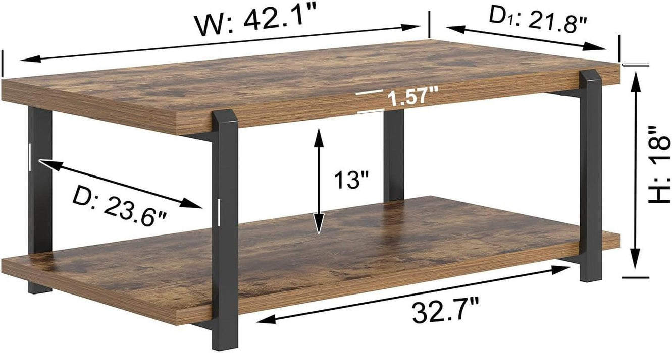 Modern Coffee Table, Rustic Wood Center Table with Storage for Living Room, Industrial Rectangle 2 Tier Low Cocktail Tea Table, Rustic Brown