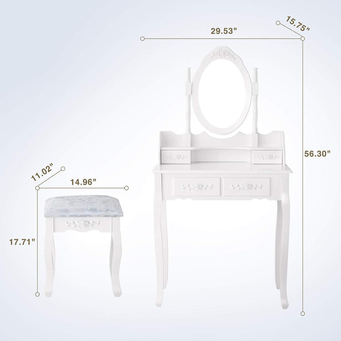 Vanity Table Set with 4 Drawer,Makeup Dressing Table W/Cushioned Stool,Girls Women Bedroom Furniture Set Oval Mirror White